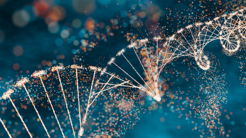 3D illustration of a DNA molecule with sparkling effects symbolizing complexity and genetic diversity. Futuristic concept of genomics, precision medicine, and computational life sciences.